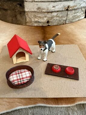 Doll House Miniatures Pet Dog Set with Red Roof Doghouse and Accessories